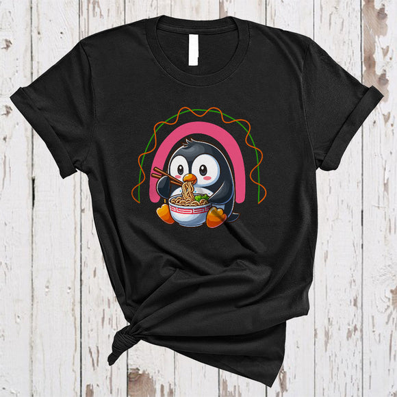 MacnyStore - Anime Penguin Eating Ramen Noodles, Adorable Japanese Food Animal, Rainbow Lover T-Shirt