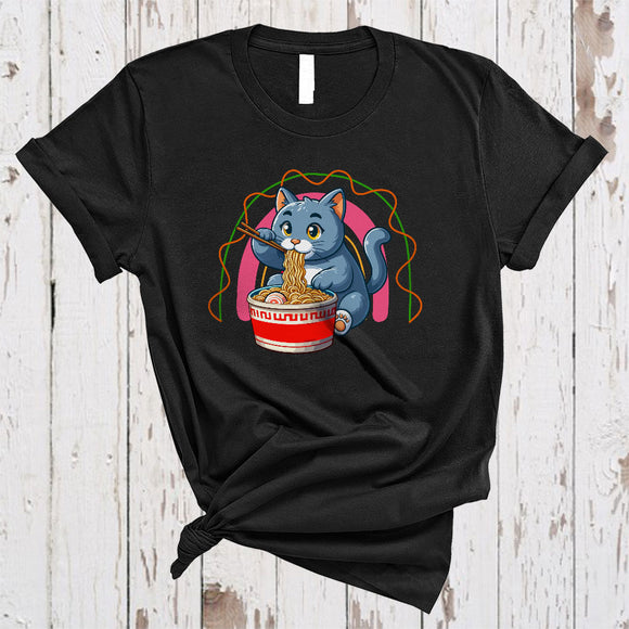 MacnyStore - Anime Russian Blue Cat Eating Ramen Noodles, Adorable Japanese Food Animal, Rainbow Lover T-Shirt