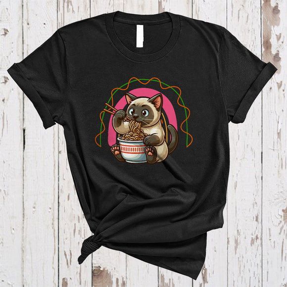 MacnyStore - Anime Siamese Cat Eating Ramen Noodles, Adorable Japanese Food Animal, Rainbow Lover T-Shirt