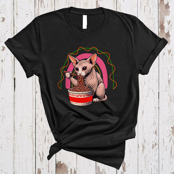 MacnyStore - Anime Sphynx Cat Eating Ramen Noodles, Adorable Japanese Food Animal, Rainbow Lover T-Shirt