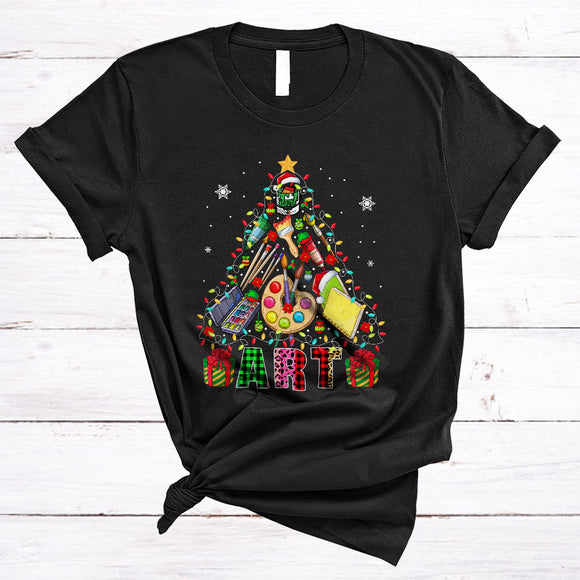 MacnyStore - Art, Colorful Leopard Plaid Christmas Lights Tree, Matching Art Teacher Tools Lover T-Shirt