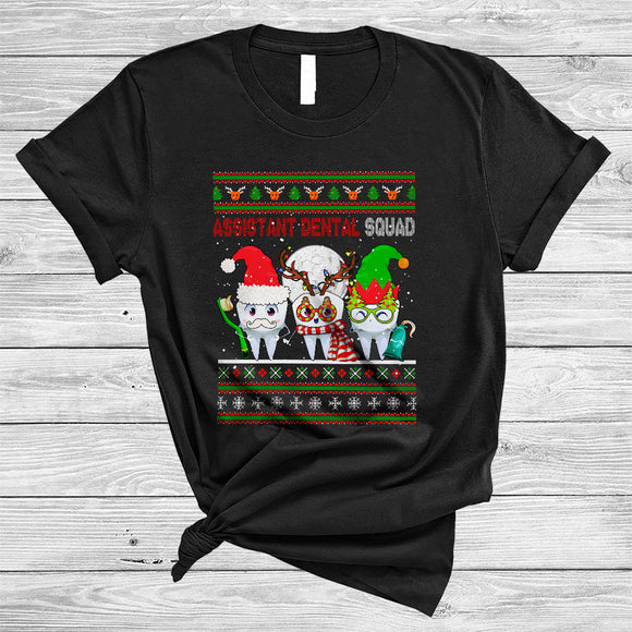 MacnyStore - Assistant Dental Squad, Cheerful Christmas Three Santa ELF Reindeer Teeth, Sweater Dental Dentist T-Shirt