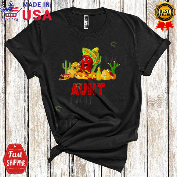 MacnyStore - Aunt Funny Cool Cinco De Mayo Mexican Pride Chili Wearing Sombrero Playing Guitar Family Group T-Shirt