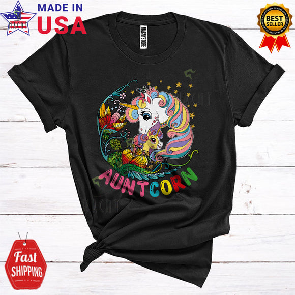 MacnyStore - Auntcorn Funny Cool Mother's Day Floral Flowers Aunt And Baby Unicorn Lover Matching Family Group T-Shirt