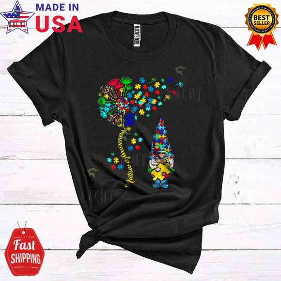 MacnyStore - Autism Awareness Cool Cute Autism Awareness Puzzle Dandelion Ribbon Gnome Lover T-Shirt