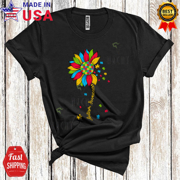 MacnyStore - Autism Awareness Cool Cute Autism Awareness Puzzle Ribbon Sunflower Flowers Lover Family Group T-Shirt