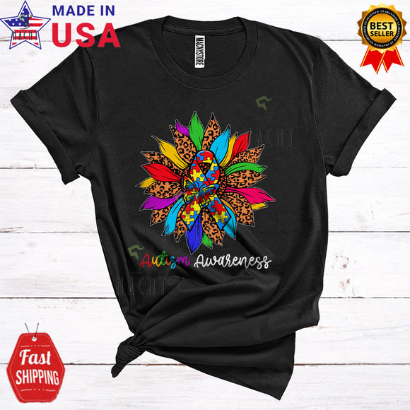 MacnyStore - Autism Awareness Funny Cool Leopard Sunflower Puzzle Ribbon Supporter Family Lover T-Shirt
