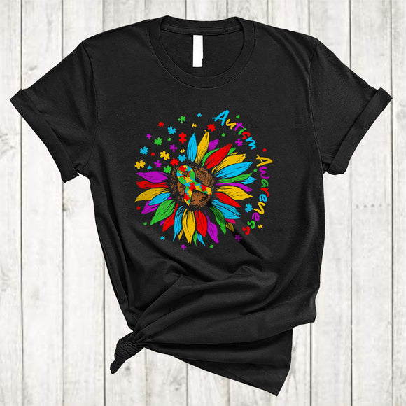 MacnyStore - Autism Awareness, Colorful Autism Half Sunflower Ribbon Lover, Supporter Family Group T-Shirt