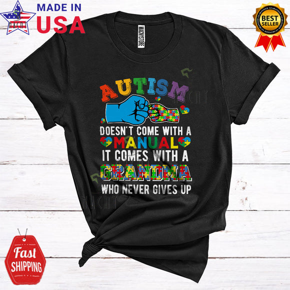 MacnyStore - Autism It Comes With A Grandma Who Never Gives Up Cool Cute Autism Awareness Family Puzzle T-Shirt
