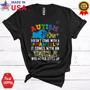 MacnyStore - Autism It Comes With An Uncle Who Never Gives Up Cool Cute Autism Awareness Family Puzzle T-Shirt