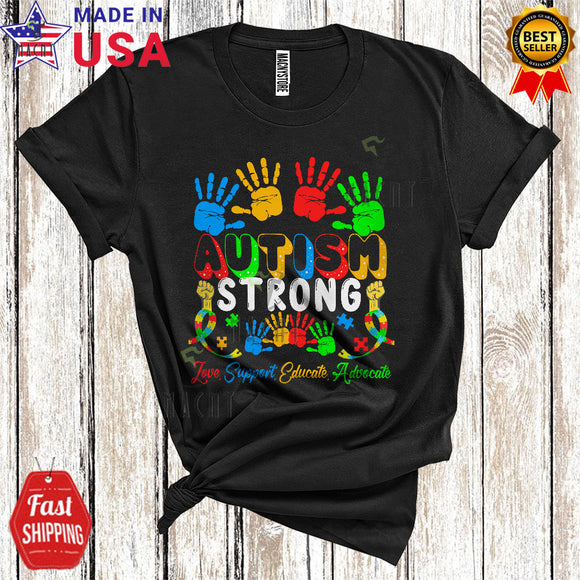 MacnyStore - Autism Strong Love Support Educate Advocate Cool Cute Autism Awareness Puzzle Ribbon Hands T-Shirt