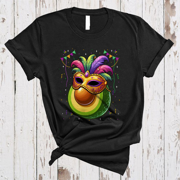 MacnyStore - Avocado Wearing Mardi Gras Mask, Awesome Mardi Gras Beads, Avocado Fruit Vegan Lover T-Shirt