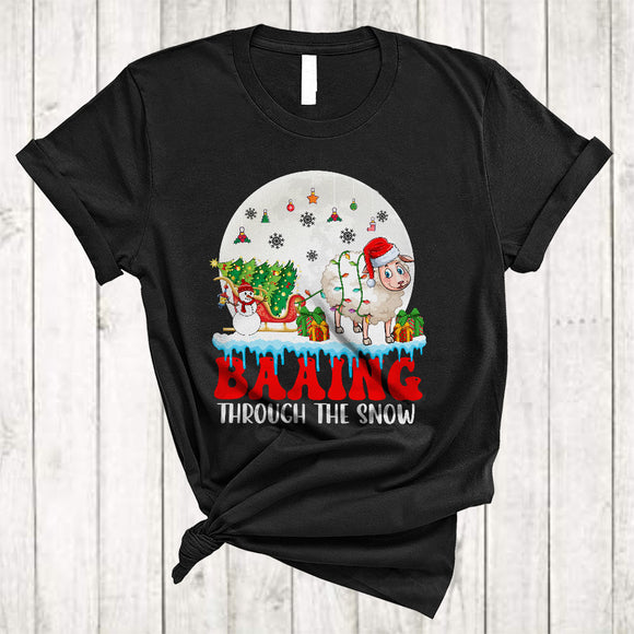 MacnyStore - Baaing Through The Snow, Lovely Merry Christmas Santa Sheep, X-mas Sleigh Farmer Lover T-Shirt