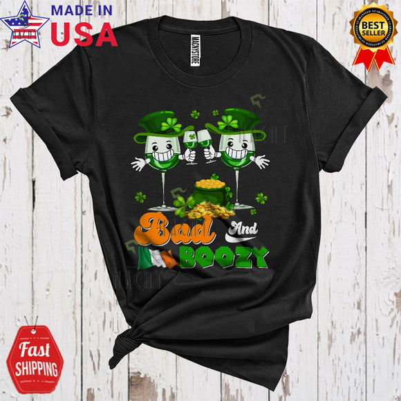 MacnyStore - Bad And Boozy Funny Cool St. Patrick's Day Two Leprechaun Wine Glasses Matching Irish Drinking Team T-Shirt