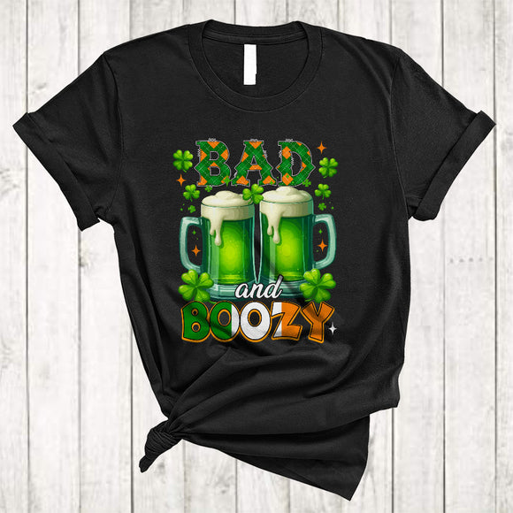 MacnyStore - Bad And Boozy, Humorous St. Patrick's Day Two Beer Glasses, Irish Drinking Drunker T-Shirt