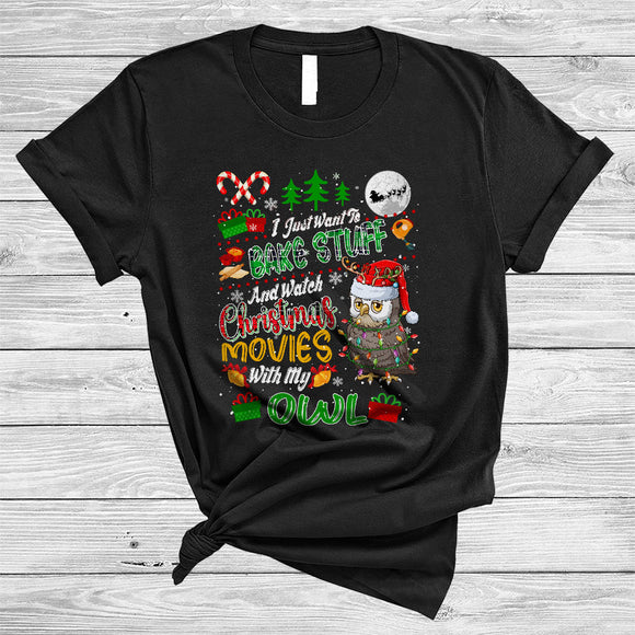 MacnyStore - Bake Stuff And Watch Christmas Movies With My Owl, Joyful Plaid X-mas Snow, Baker Baking T-Shirt