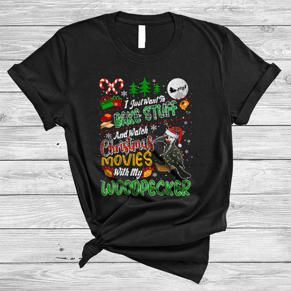 MacnyStore - Bake Stuff And Watch Christmas Movies With My Woodpecker, Joyful Plaid X-mas Snow, Baker Baking T-Shirt