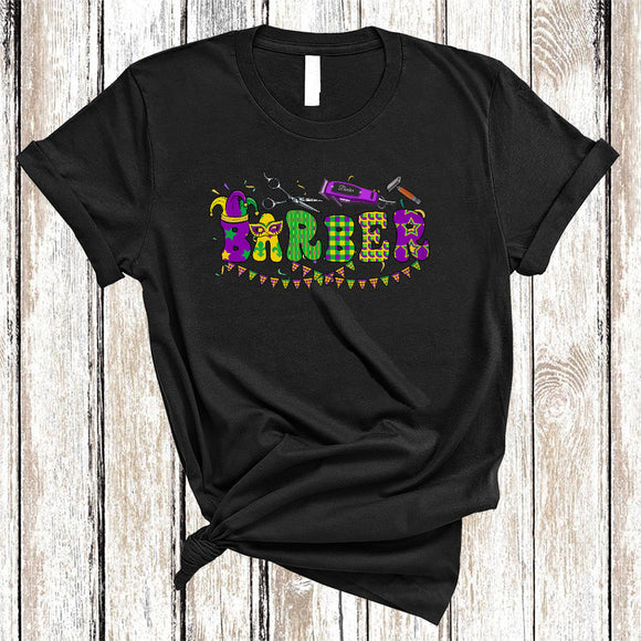 MacnyStore - Barber, Cheerful Mardi Gras Squad Barber Lover, Mardi Gras Mask Jester Hat Parades Group T-Shirt