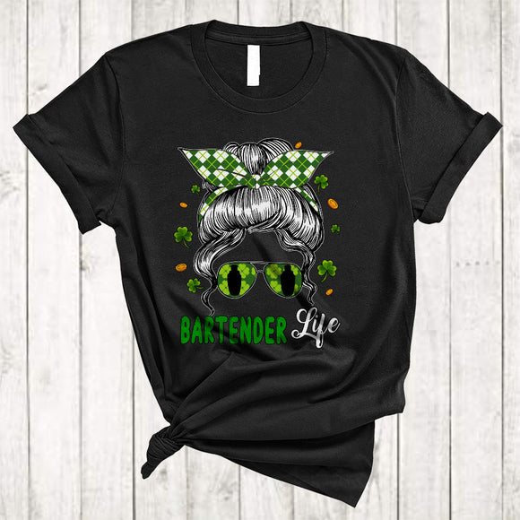 MacnyStore - Bartender Life, Amazing St. Patrick's Day Bun Hair Woman Face Sunglasses, Lucky Shamrock T-Shirt
