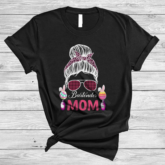MacnyStore - Bartender Mom, Awesome Easter Day Pink Leopard Plaid Bun Hair Women, Bunny Eggs T-Shirt