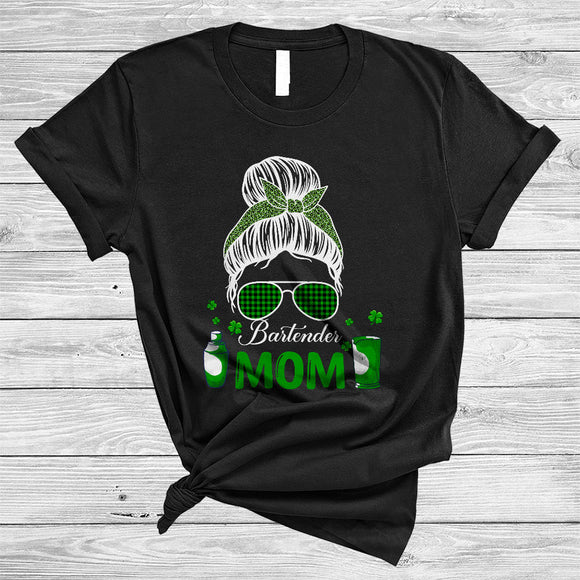 MacnyStore - Bartender Mom, Awesome St. Patrick's Day Green Leopard Plaid Bun Hair Women, Shamrocks T-Shirt