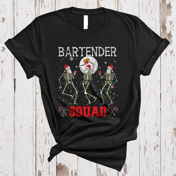 MacnyStore - Bartender Squad, Humorous Scary Christmas Three Dancing Santa Skeleton, X-mas Group T-Shirt