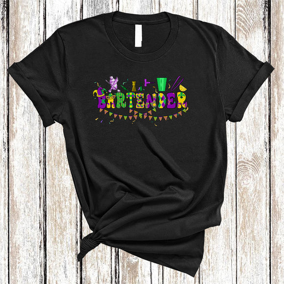 MacnyStore - Bartender, Cheerful Mardi Gras Squad Bartender Lover, Mardi Gras Mask Jester Hat Parades Group T-Shirt