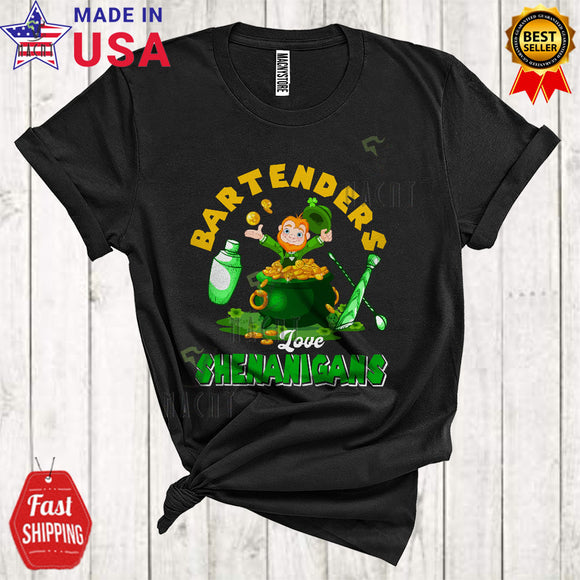 MacnyStore - Bartenders Love Shenanigans Cute Happy St. Patrick's Day Leprechaun In Pot Of Gold Coins Lover T-Shirt