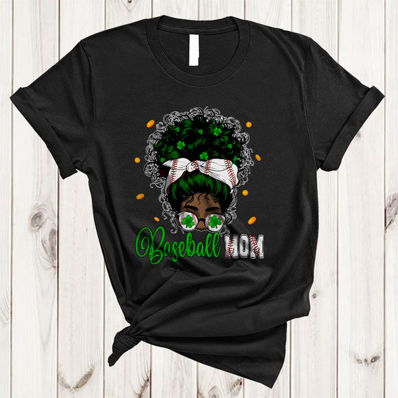 MacnyStore - Baseball Mom, Cool St. Patrick's Day Messy Bun Hair Women, Black African Sport Player Family T-Shirt