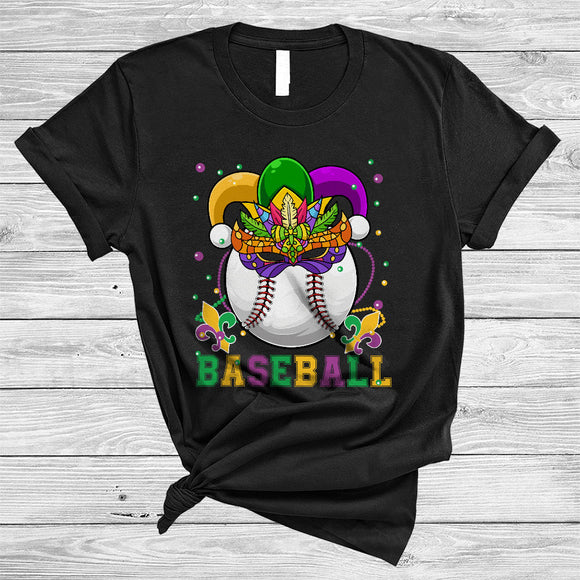 MacnyStore - Baseball, Amazing Mardi Gras Baseball Wearing Mask Jester Hat, Matching Sport Team Parades Group T-Shirt