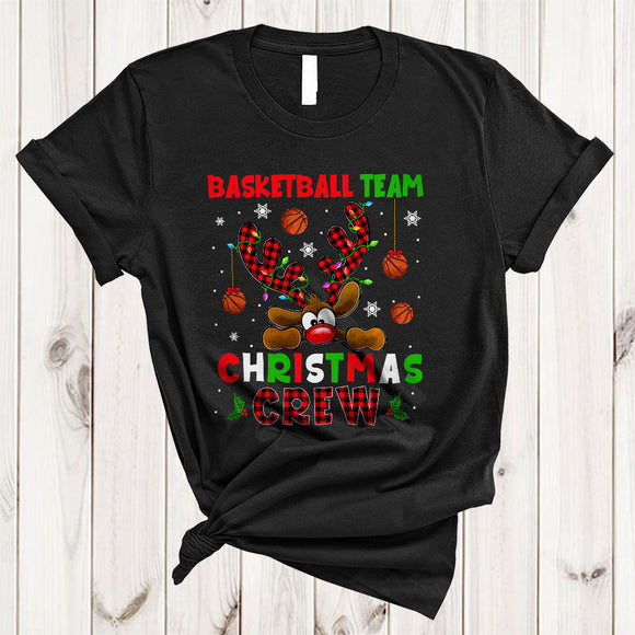 MacnyStore - Basketball Team Christmas Crew, Cute Lovely Plaid Reindeer, Matching Basketball X-mas Group T-Shirt