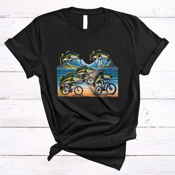 MacnyStore - Bass Fish Riding Bicycle, Humorous Sea Animal Lover, Bicycle Riding Friends Family Group T-Shirt