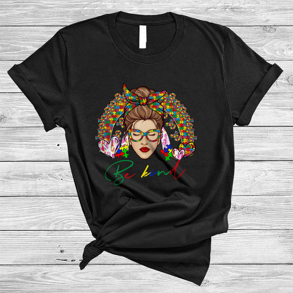 MacnyStore - Be Kind, Proud Autism Awareness Mother's Day Bun Hair Woman, Puzzle Rainbow Family T-Shirt