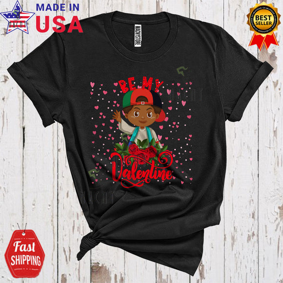 MacnyStore - Be My Valentine Cute Cool Valentine's Day Hearts Rose Black Boy Afro African American Couple T-Shirt