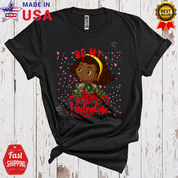 MacnyStore - Be My Valentine Cute Cool Valentine's Day Hearts Rose Black Girl Afro African American Couple T-Shirt