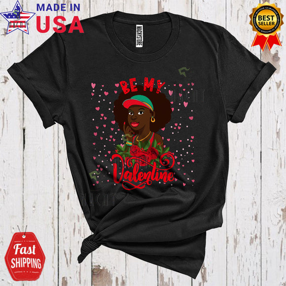 MacnyStore - Be My Valentine Cute Cool Valentine's Day Hearts Rose Black Woman Afro African American Couple T-Shirt