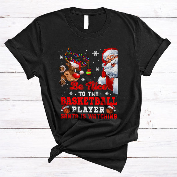 MacnyStore - Be Nice To The Basketball Player, Lovely X-mas Santa Reindeer, Christmas Family Group T-Shirt