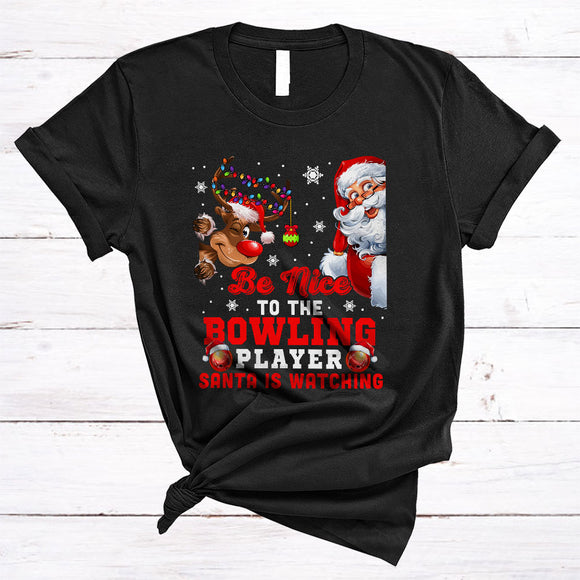 MacnyStore - Be Nice To The Bowling Player, Lovely X-mas Santa Reindeer, Christmas Family Group T-Shirt
