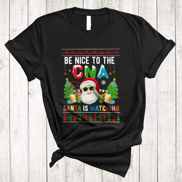 MacnyStore - Be Nice To The CNA Santa Is Watching, Colorful Christmas Santa Face, CNA Nurse X-mas Group T-Shirt