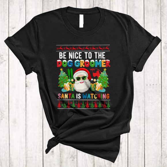 MacnyStore - Be Nice To The Dog Groomer Santa Is Watching, Colorful Christmas Santa Face, Nurse X-mas Group T-Shirt