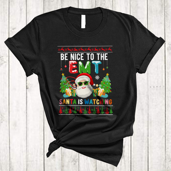 MacnyStore - Be Nice To The EMT Santa Is Watching, Colorful Christmas Santa Face, EMT Nurse X-mas Group T-Shirt