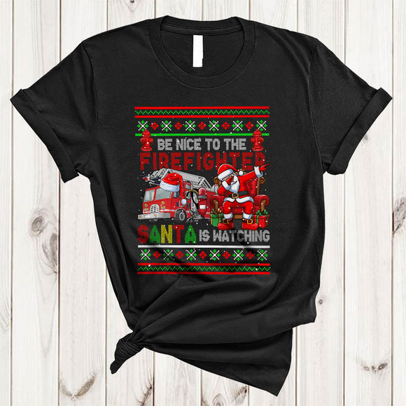 MacnyStore - Be Nice To The Firefighter, Amazing Cool Christmas Santa Dabbing, X-mas Sweater Family Group T-Shirt