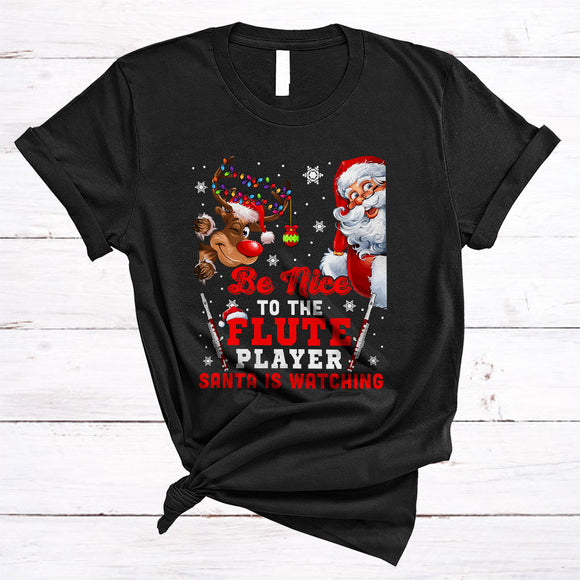MacnyStore - Be Nice To The Flute Player, Lovely X-mas Santa Reindeer, Christmas Family Group T-Shirt