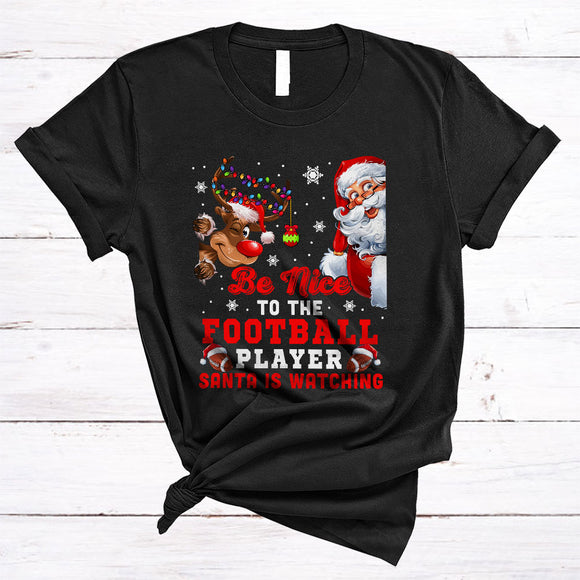 MacnyStore - Be Nice To The Football Player, Lovely X-mas Santa Reindeer, Christmas Family Group T-Shirt