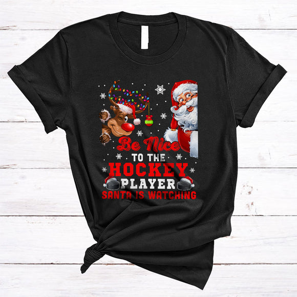 MacnyStore - Be Nice To The Hockey Player, Lovely X-mas Santa Reindeer, Christmas Family Group T-Shirt