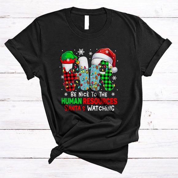 MacnyStore - Be Nice To The Human Resources, Wonderful Plaid Christmas ELF Santa HR, X-mas Lights Snow T-Shirt