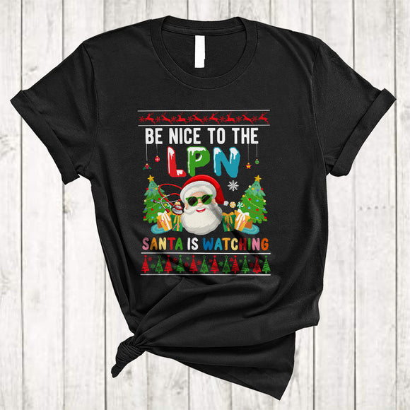 MacnyStore - Be Nice To The LPN Santa Is Watching, Colorful Christmas Santa Face, LPN Nurse X-mas Group T-Shirt