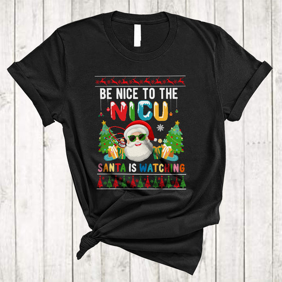 MacnyStore - Be Nice To The NICU Santa Is Watching, Colorful Christmas Santa Face, NICU Nurse X-mas Group T-Shirt
