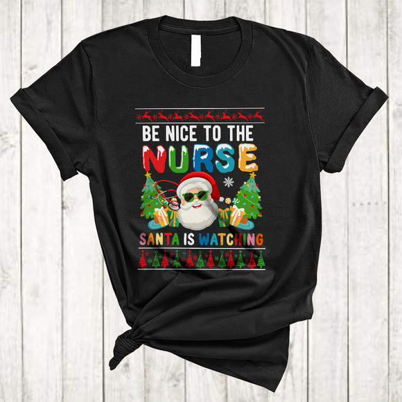 MacnyStore - Be Nice To The Nurse Santa Is Watching, Colorful Christmas Santa Face, Nurse Nurse X-mas Group T-Shirt