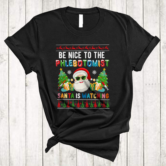 MacnyStore - Be Nice To The Phlebotomist Santa Is Watching, Colorful Christmas Santa Face, Phlebotomist X-mas Group T-Shirt